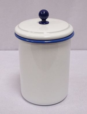 Emaille Vorratsdose, Küchenbehälter mit Deckel, Weiß- Blau 19 cm