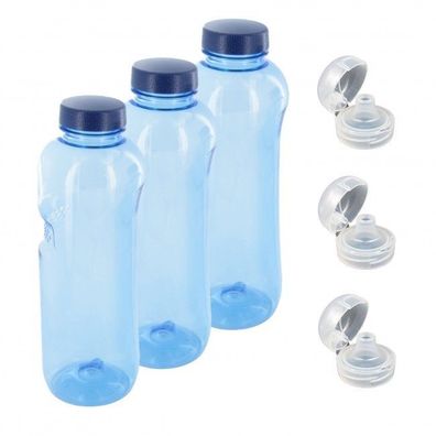 3x Kavodrink Tritan Trinkflasche 1 L Wasserflasche BPA frei + 3 x Trinkdeckel FlipTop
