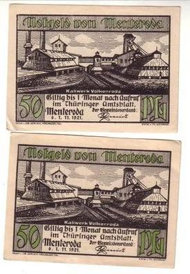 2 Banknoten Notgeld Gemeinde Menteroda in Thüringen 1921