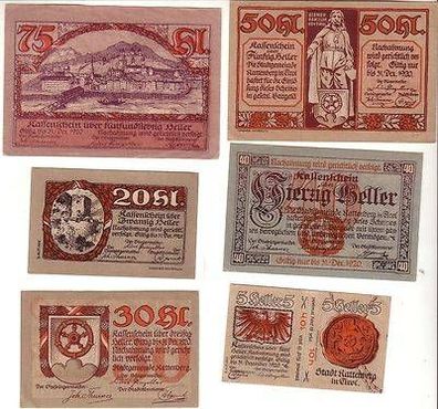 6 Banknoten Notgeld Stadtgemeinde Rattenberg in Tirol 1920