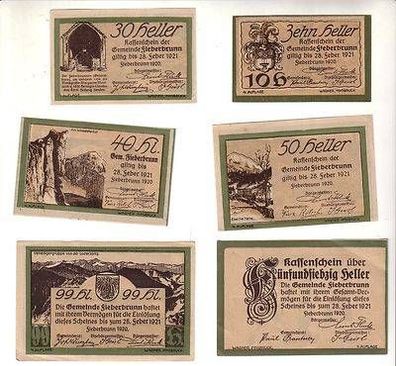 6 Banknoten Notgeld Gemeinde Fieberbrunn in Tirol 1921