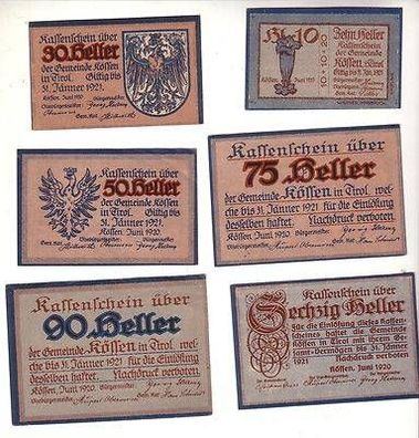 6 Banknoten Notgeld Gemeinde Kössen in Tirol 1921
