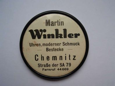 alter Taschenspiegel, Martin Winkler Uhren Mode Schmuck, Chemnitz, Reklame Werbung