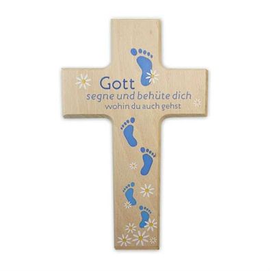 Kreuz Wandkreuz Holzkreuz 15cm Buche Gott segne und behüte dich Fußspuren Blau Blumen