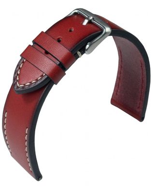 Eulit Woodstock > Uhrenarmband rot Vintage - Look Leder weiße Ziernaht