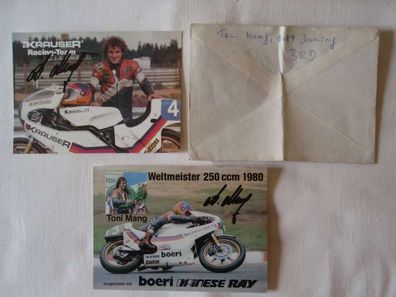 altes Foto Rennsport Motorrad , 2 x Autogrammfoto 70er/80er Jahre , Toni Mang