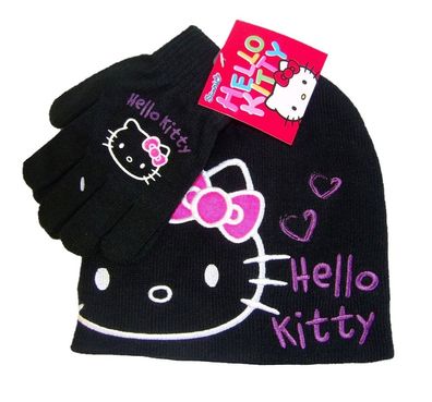 Hello Kitty Mütze-Handschuh Set für Mädchen Schwarz 52