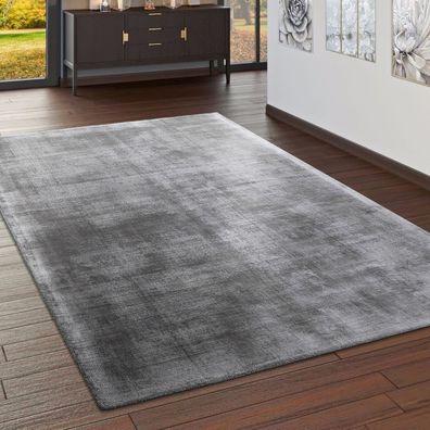 Teppich Handgefertigt Hochwertig 100 % Viskose Vintage Optisch Meliert In Grau