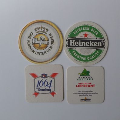 4 Bierdeckel , Karlsberg , Heineken , Warsteiner , Kronenbourg