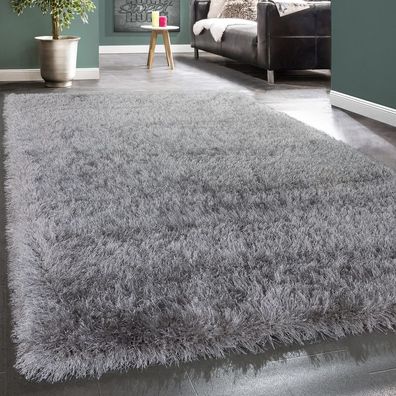 Moderner Wohnzimmer Shaggy Hochflor Teppich Soft Garn In Uni Hellgrau Grau