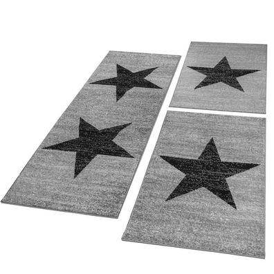 Bettumrandung Läufer Teppich Stern Motiv Meliert In Grau Schwarz Läuferset 3Tlg