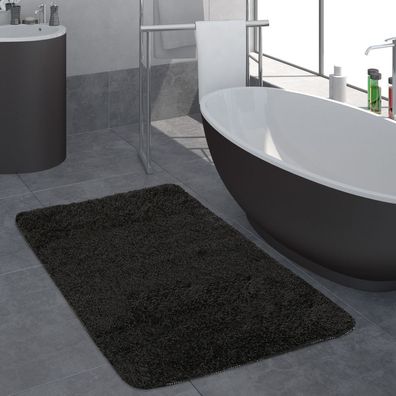 Moderner Badezimmer Teppich Einfarbig Hochflor Badteppich Rutschfest In Schwarz