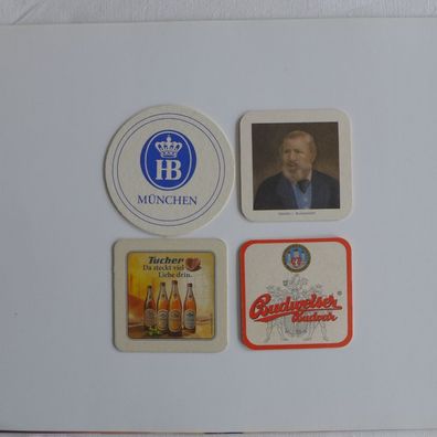 4 Bierdeckel Budweiser Tucher HB Schneider