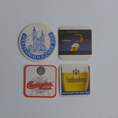 4 Bierdeckel , Budweiser , Kulmbacher , Vierzehnheiligener , Fürstenberg