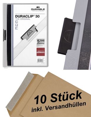 10 Durable Klemm-Mappe Duraclip® 30, Hartfolie, bis 30 Blatt grau + Umschläge