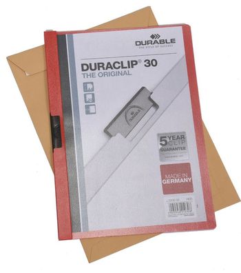 10x Durable Klemm-Mappe Duraclip® 30, Hartfolie, bis 30 Blatt rot + Umschläge