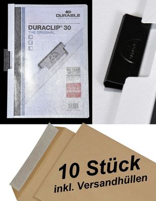 10 Durable Klemm-Mappe Duraclip 30, Hartfolie bis 30 Blatt weiss + Umschläge