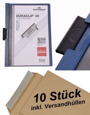 10 Durable Klemm-Mappe Duraclip 30, Hartfolie bis 30 Blatt dunkelblau + Umschläge