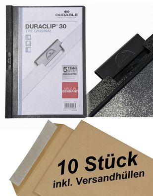 10 Durable Klemm-Mappe Duraclip® 30, Hartfolie, bis 30 Blatt schwarz + Umschläge