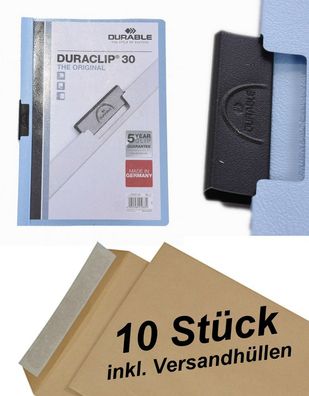 10 Durable Klemm-Mappe Duraclip® 30, Hartfolie, bis 30 Blatt blau + Umschläge