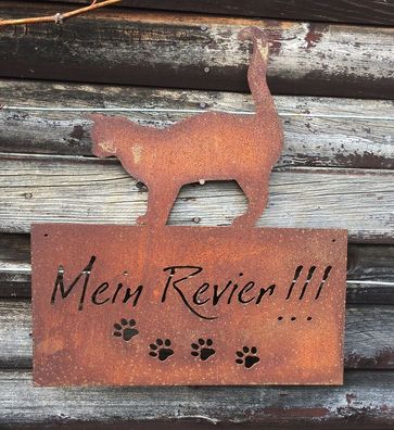 Schild " Mein Revier " Katze 42x35cm zum Aufhängen Edelrost Garten Metall Wandhänger