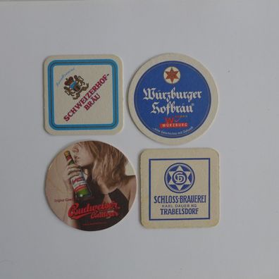 4 Bierdeckel , Budweiser , Würzburger , Schweizerhof , Schloss Brauerei Karl Dauer