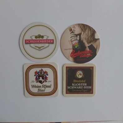 4 Bierdeckel , Budweiser , Schussenrieder , Weiss Rössl , Mönchshof