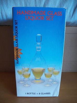 Karaffe Dekanter Flasche aus Glas mit Deckel + 6 Likörgläser / mit Schliff