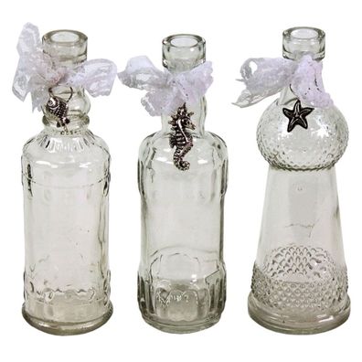3er Satz Glas Flaschen Vasen maritim H=17 cm silber Anhänger Deko Spitzenband