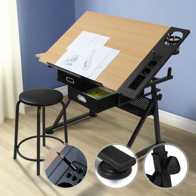 Miadomodo® Zeichentisch mit Hocker Schreibtisch Arbeitstisch Architektentisch