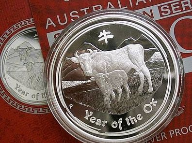 1$ 2009 PP 1 Unze Silber Australien Lunar Ochse 31,1g reines Silber in Originalbox