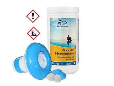 Set 1kg Chlor T- Schnell Tabletten 20g + Dosier-Schwimmer schnelllöslich Pool