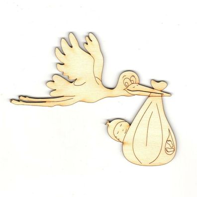 Storch aus Holz 14 cm mit Baby, zum Karten basteln für Geburt, Baby, Babyparty-K399