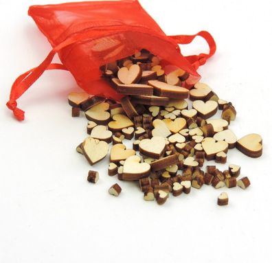 Säckchen voll Herzen aus Holz Hochzeitsdeko Tischschmuck Dekoherzen 1mm bis 1cm
