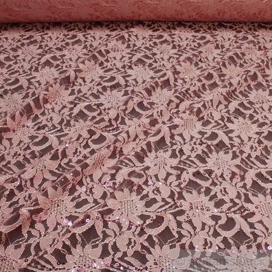 Stoff Polyamid Polyester Elastan Spitze rosa Blume Pailletten fließend