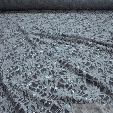 Stoff Polyamid Polyester Elastan Spitze grau Blume Pailletten fließend fallend