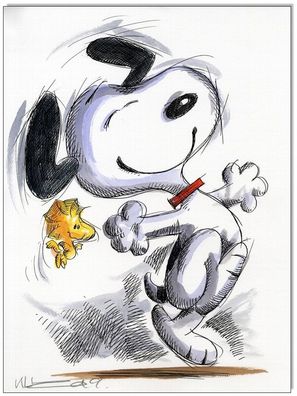 Klausewitz: Original Feder und Aquarell : Peanuts Snoopy & Woodstock IV / 24x32 cm