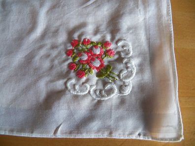 Damentaschentuch Taschentücher weiß mit gestickten rosa Rosen