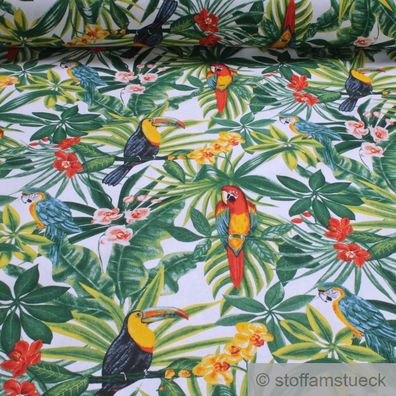 Stoff Baumwolle weiß Dschungel Papagei breit 280 cm Blatt Blätter Palme