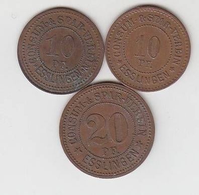 3 Bronze Münzen 2x10 und 20 Pfennig Notgeld Consum Spar Verein Esslingen um 1920