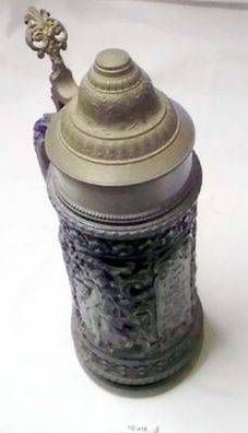 großer blauer 2 Liter Keramik Bierkrug mit Zinndeckel um 1910