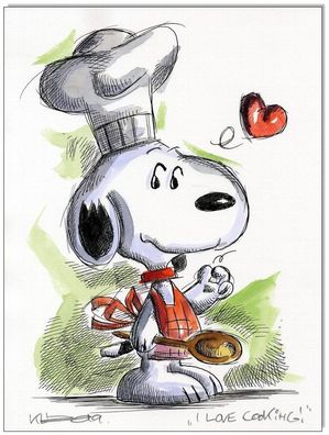 Klausewitz: Original Feder und Aquarell : Peanuts Snoopy I love cooking! / 24x32 cm