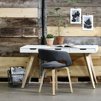 cagü: Design Schreibtisch (AALBORG] Weiss mit 3 Schubladen & Beine Esche 140cm