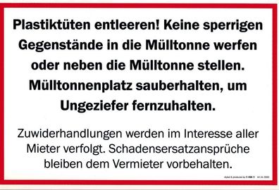 Hinweisschild - Mülltonne Mülltonnenplatz SAUBER HALTEN - 308565 - 30cm x 20cm