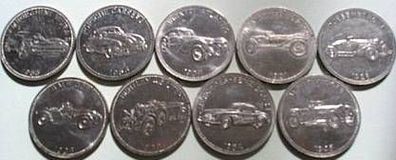Medaillen Münzen 9 Weltberühmte Sportwagen, ca.30mm Durchmesser, sehr schön gute Erh.