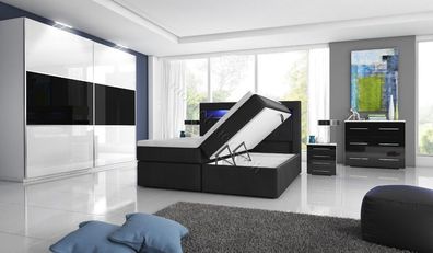 Hochglanz-Schlafzimmer mit Boxspringbett Milano2 mit 2 Bettkästen weiß / schwarz