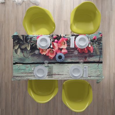 Foto-Tischdecke Blumen auf Holz Tischwäsche mit Motiv Deko Fotodruck auf Maß