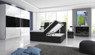 Hochglanzschlafzimmer mit Boxspringbett RivaBox2 mit 2 Bettkästen weiß / schwarz