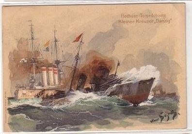 15038 Künstler Ak Hochsee Torpedoboote kleiner Kreuzer "Danzig" 1911
