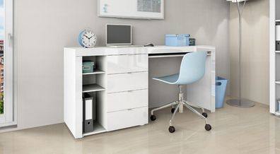 Schreibtisch Arbeitstisch Computertisch Büro Tisch 4 Schubkästen Weiß Hochglanz WIM